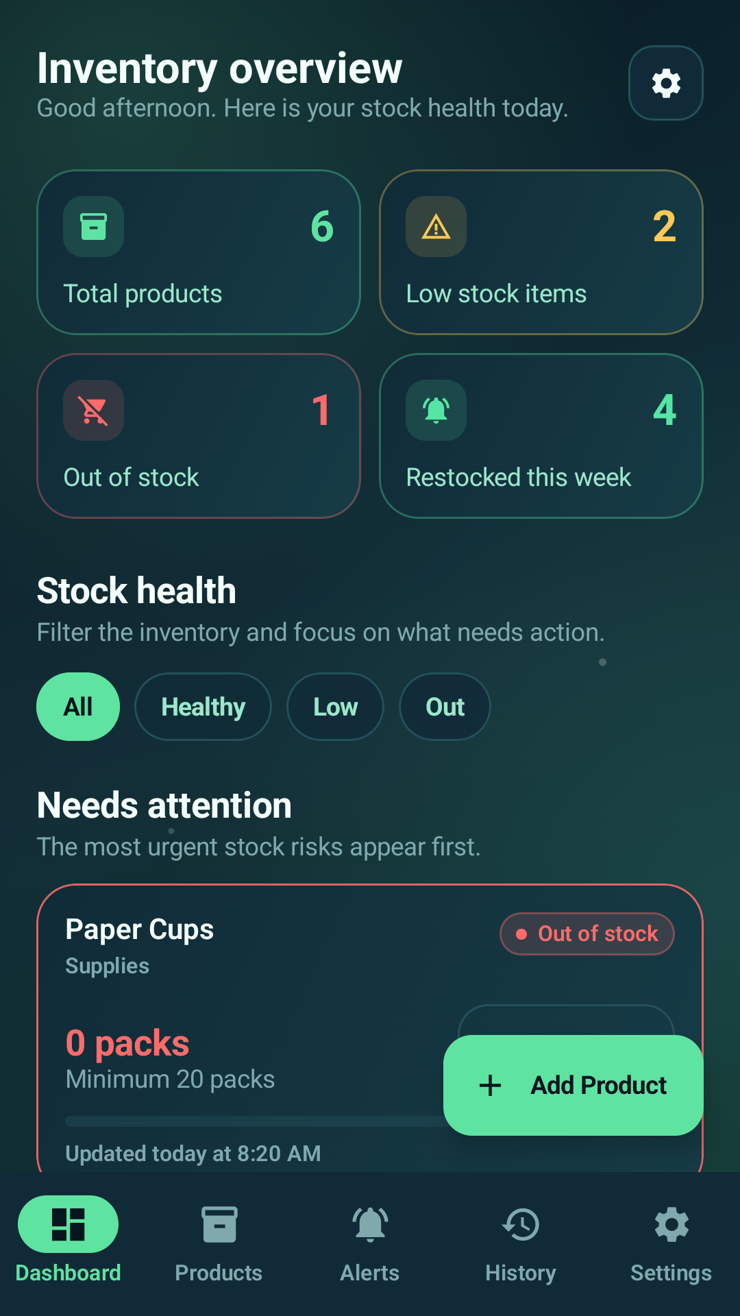 Stock Check Alert inventory overview screen