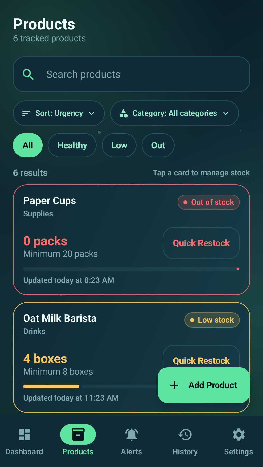 Products screen showing low and out-of-stock items