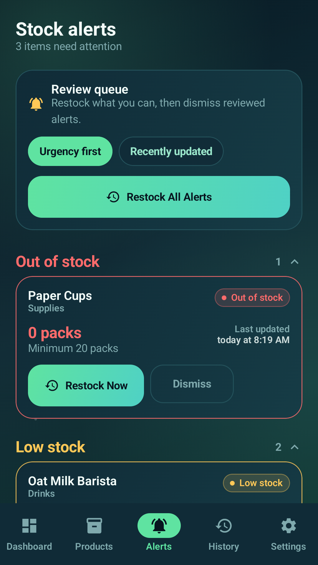 Stock alerts screen